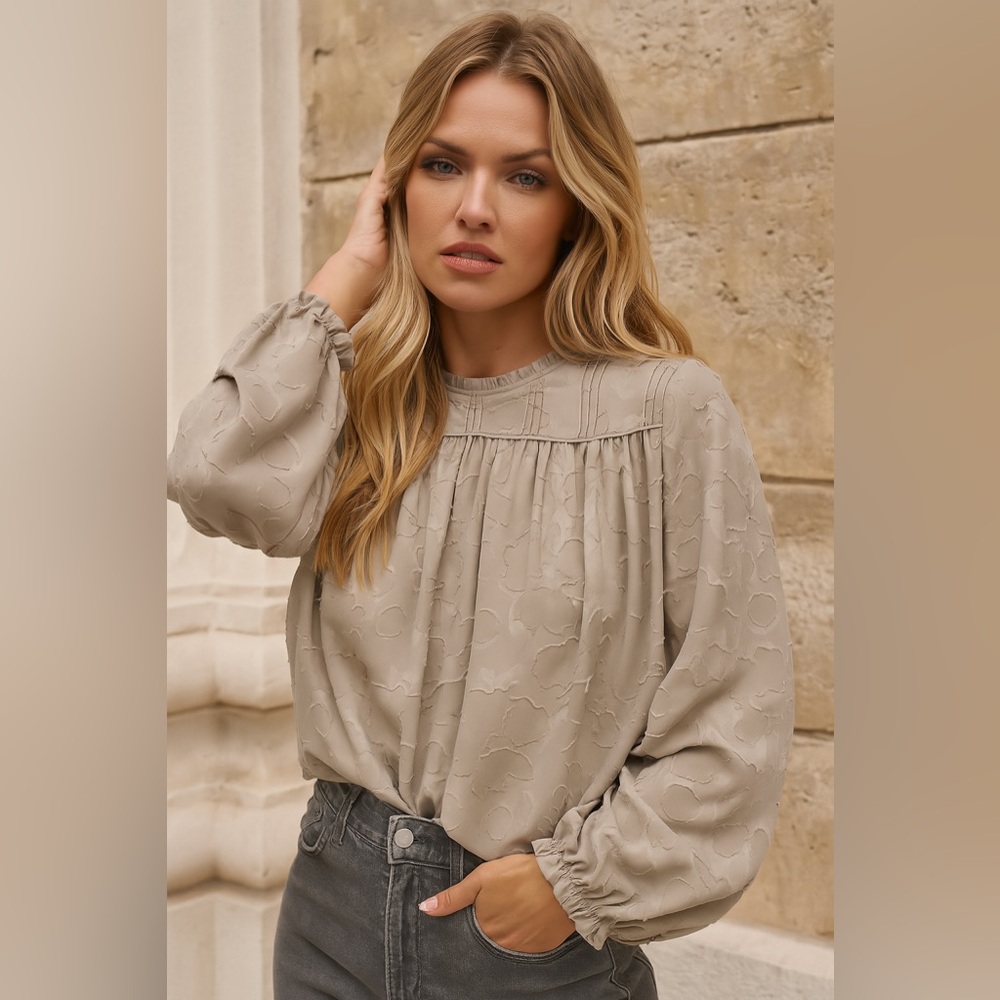 Aritzia Wilfred Lourdes Taupe Textured Blouse Minimalist Top Romantic xs